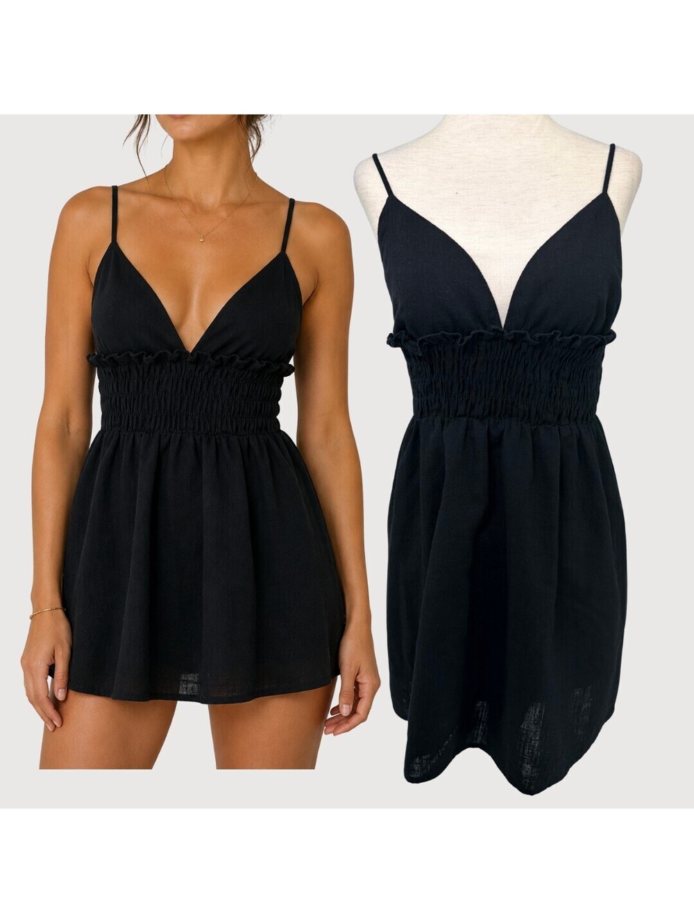 Elodie Black Linen Blend Smocked Waist Mini Dress M